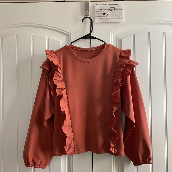 The Line of Style Womens Fall Top Ruffles Crewneck Long sleeve, Rust Orange SZ L - Picture 1 of 8